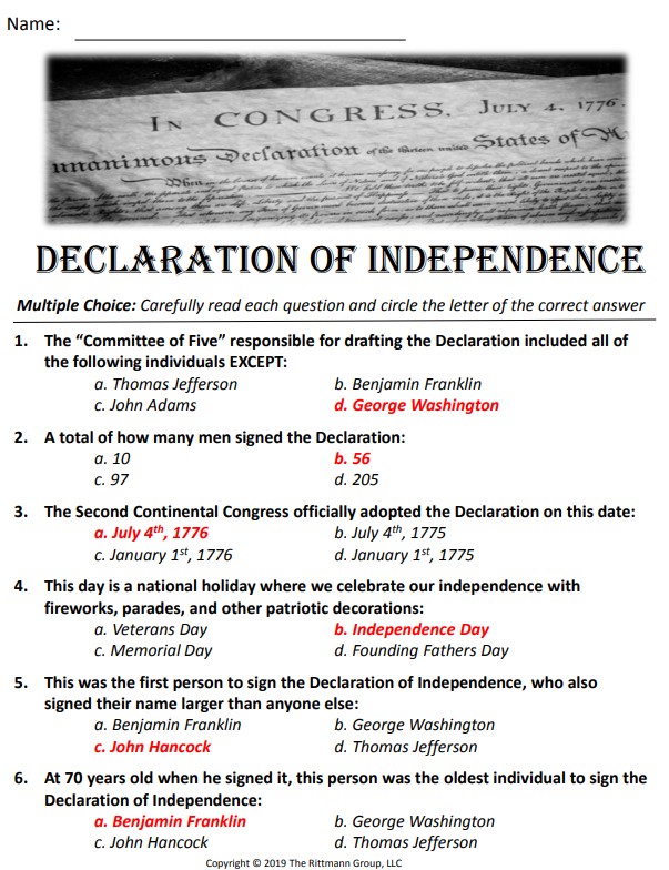 The Best Declaration of Independence Worksheets!