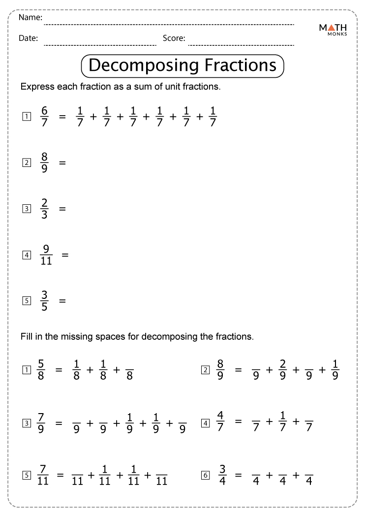Decomposing Fractions Worksheets - Math Monks