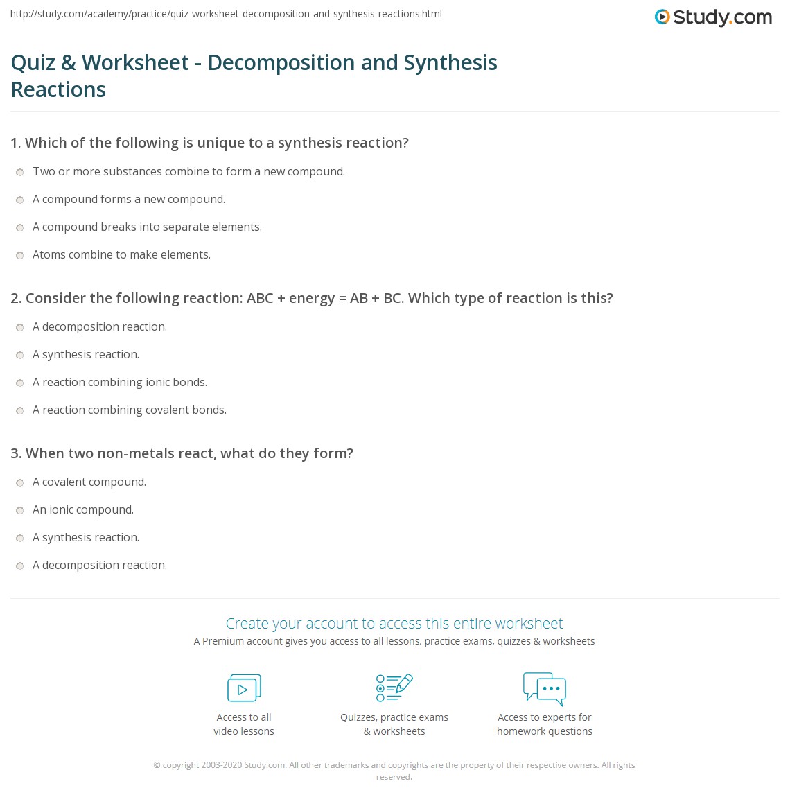 Quiz &  Worksheet - Decomposition and Synthesis Reactions | Study.com