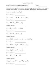 Balancing Chemical Reactions Worksheet for 9th - 11th Grade ...