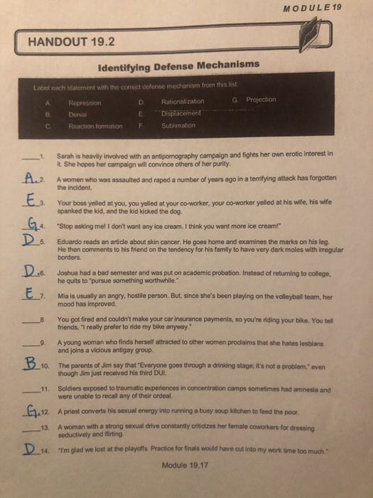 Solved MODULE 19 HANDOUT 19.2 Identifying Defense Mechanisms ...