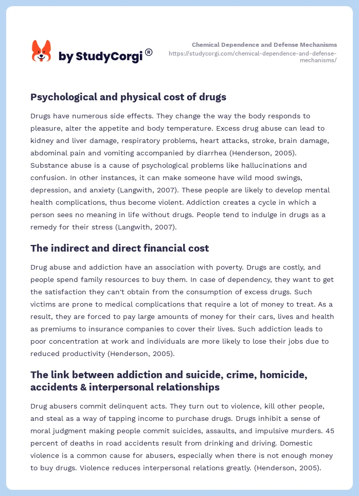 Chemical Dependence and Defense Mechanisms | Free Essay Example