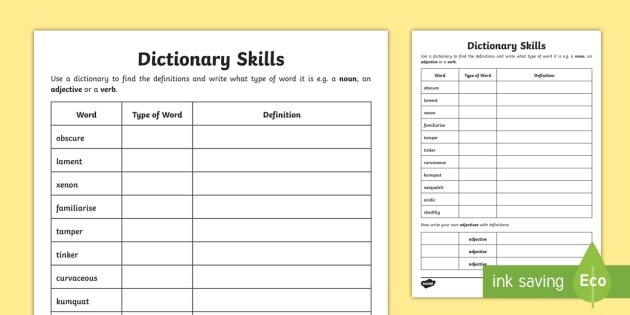 Dictionary Skills Word Table Worksheet (Lehrer gemacht)