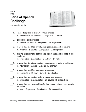 defining parts of speech worksheet