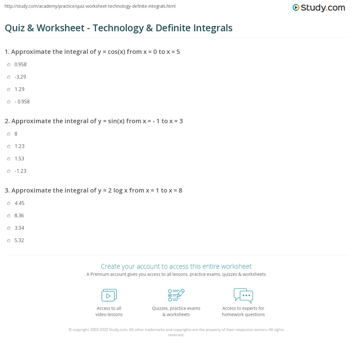 Quiz &  Worksheet - Technology &  Definite Integrals | Study.com