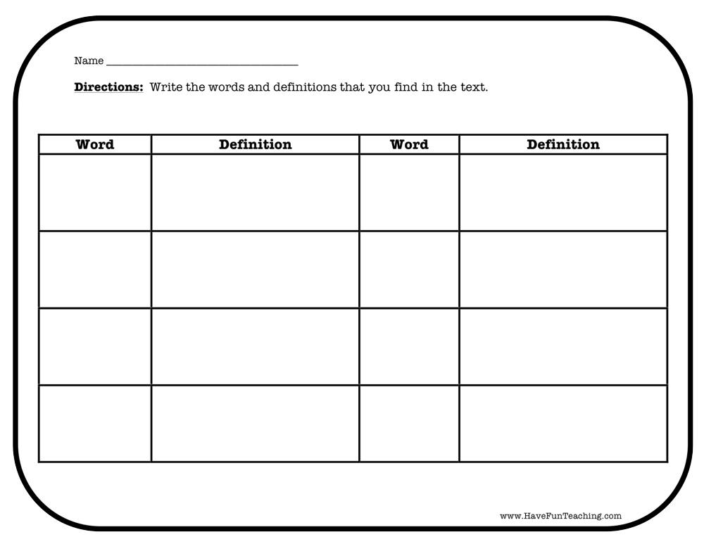 Word and Definition Worksheet  