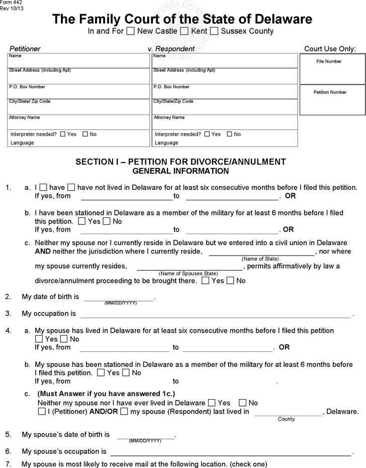 delaware printable divorce papers