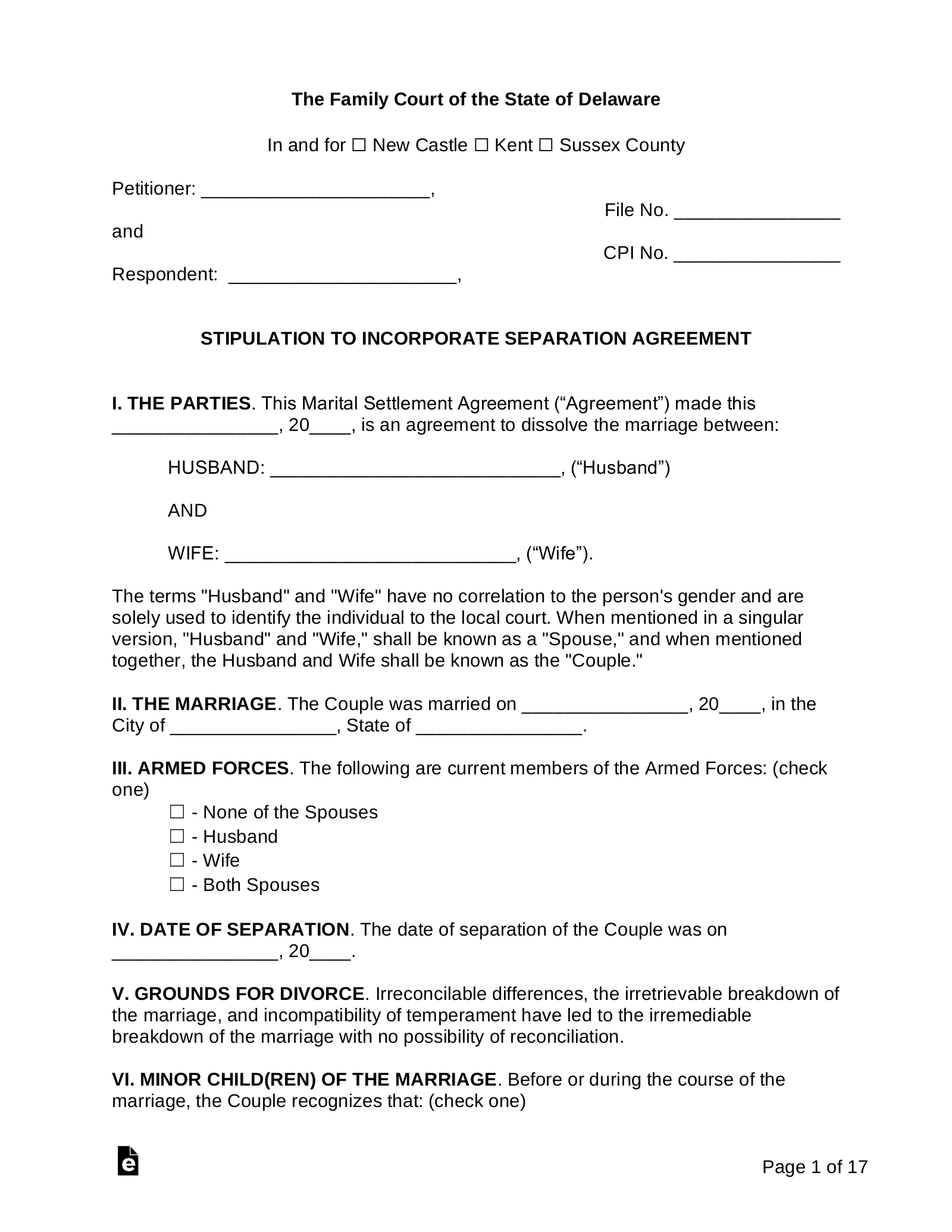 Free Delaware Marital Settlement (Divorce) Agreement - PDF | Word ...