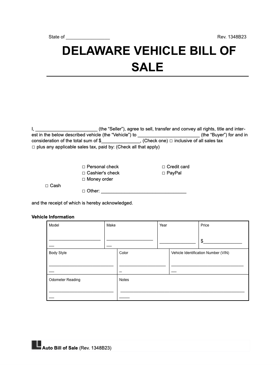 Free Delaware Motor Vehicle Bill of Sale Form | Legal Templates
