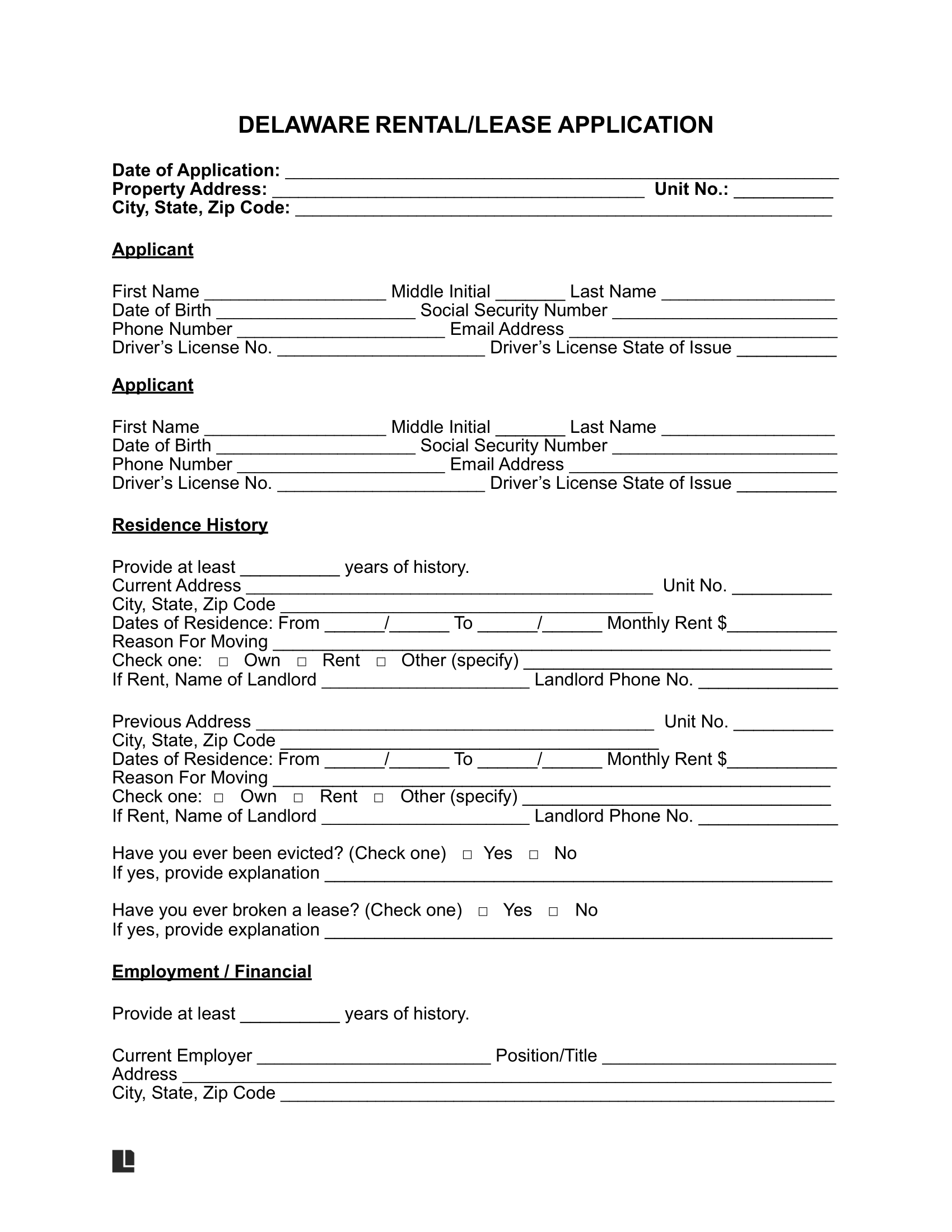 Free Delaware Rental Application Form | PDF &  Word Download