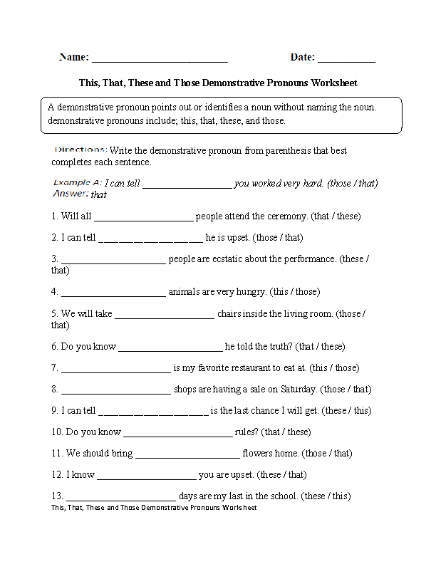 Regular Pronouns Worksheets | This,That,These,Those Demonstrative ...