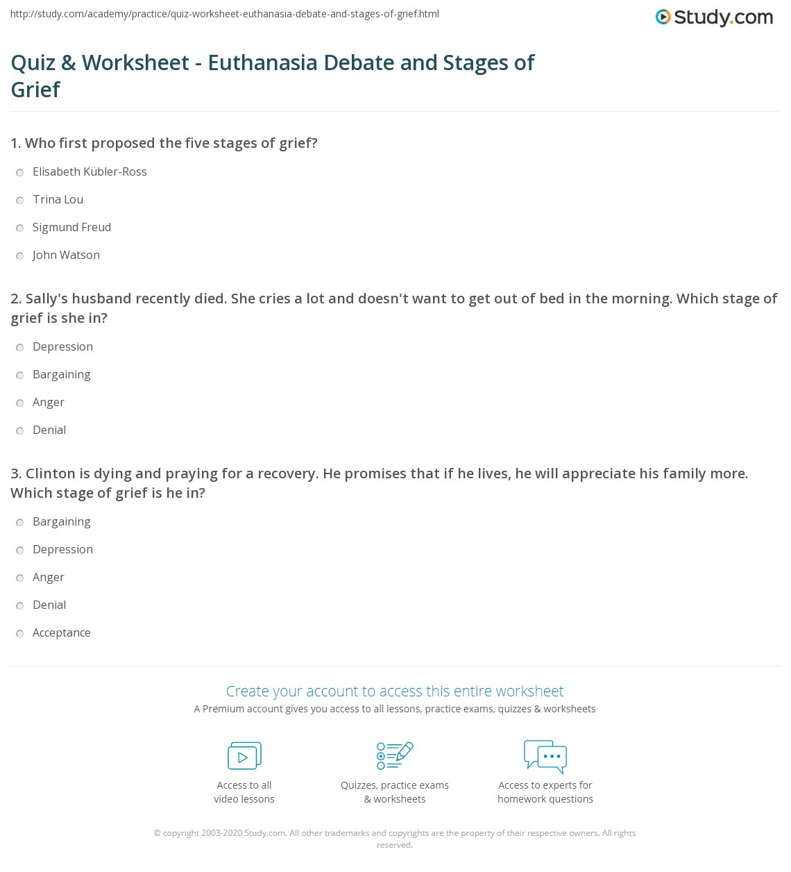 Quiz &  Worksheet - Euthanasia Debate and Stages of Grief | Study.com