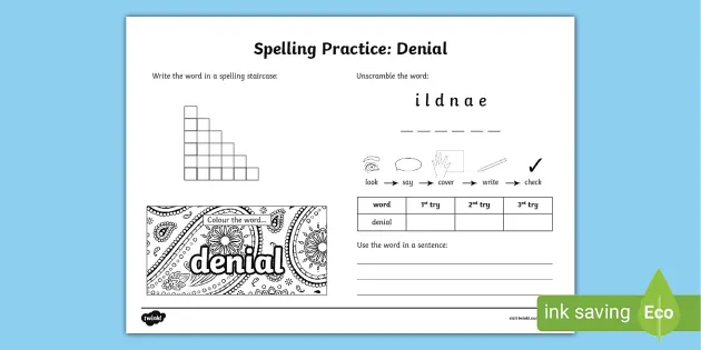 Denial Spelling Practice Worksheet (teacher made) - Twinkl
