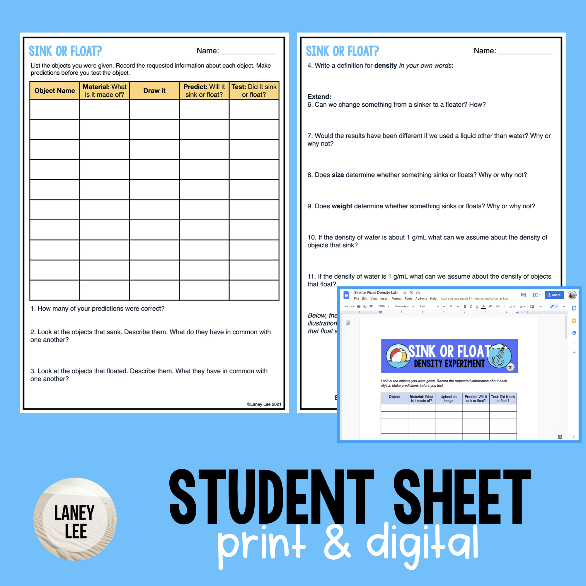 Sink or Float Density Experiment Laney Lee Worksheets Library