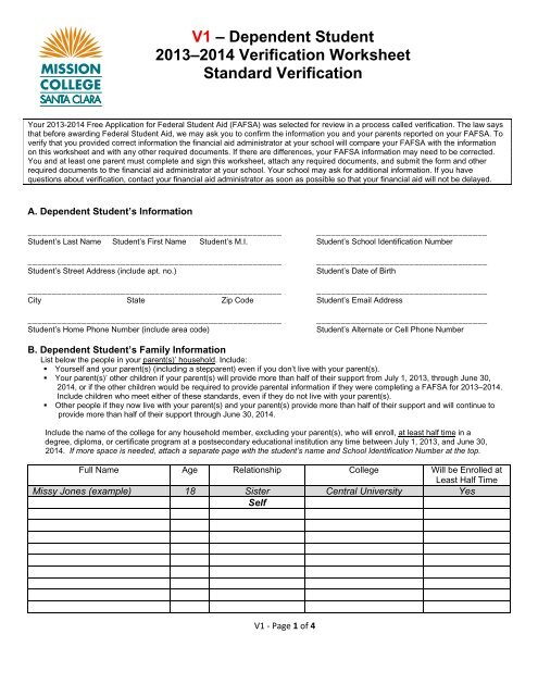 V1 Verification Worksheet - Standard - Mission College