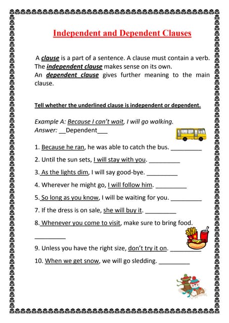 dependent and independent clause worksheet