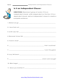 dependent and independent clauses worksheet