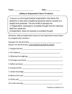 dependent and independent clauses worksheet