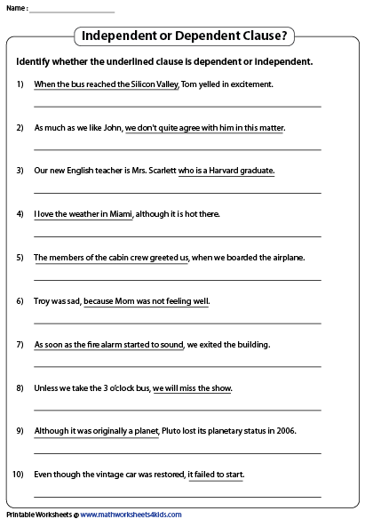 dependent and independent clauses worksheet