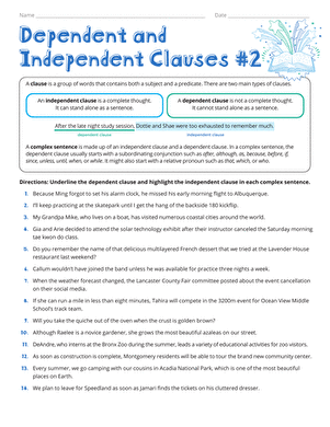 dependent and independent clauses worksheet