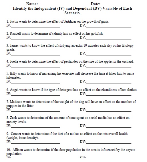Independent and Dependent Variable Worksheet - USBiologyTeaching.com