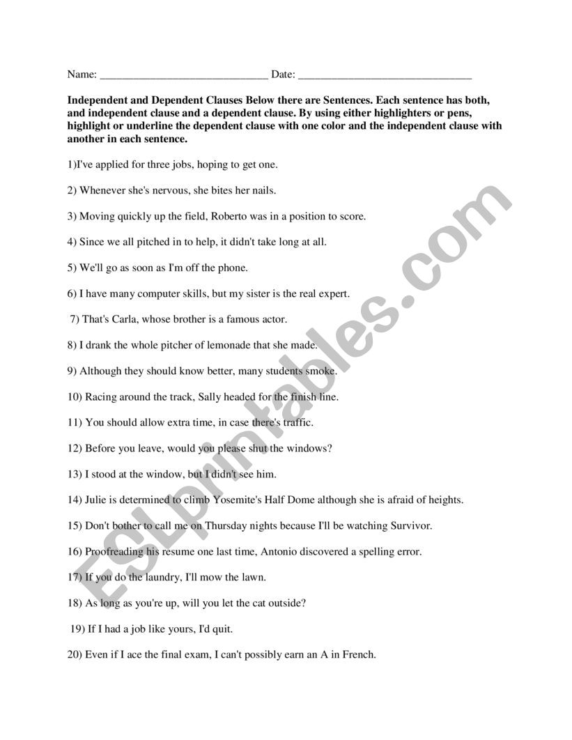 Independent clauses &  dependent clauses - ESL worksheet by gtercero