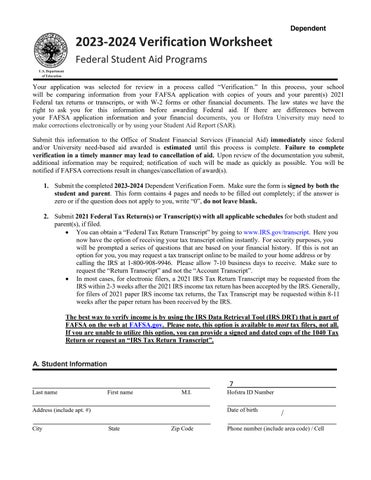 2023-2024 Verification Worksheet - Dependent by Hofstra University ...