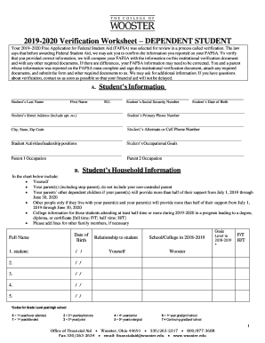 Fillable Online 2019-2020 Verification Worksheet DEPENDENT STUDENT ...
