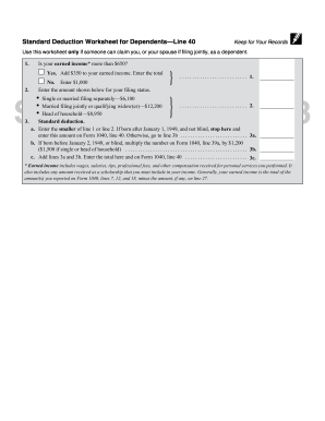 IRS Standard Deduction Worksheet for Dependents - Line 40 - Fill ...
