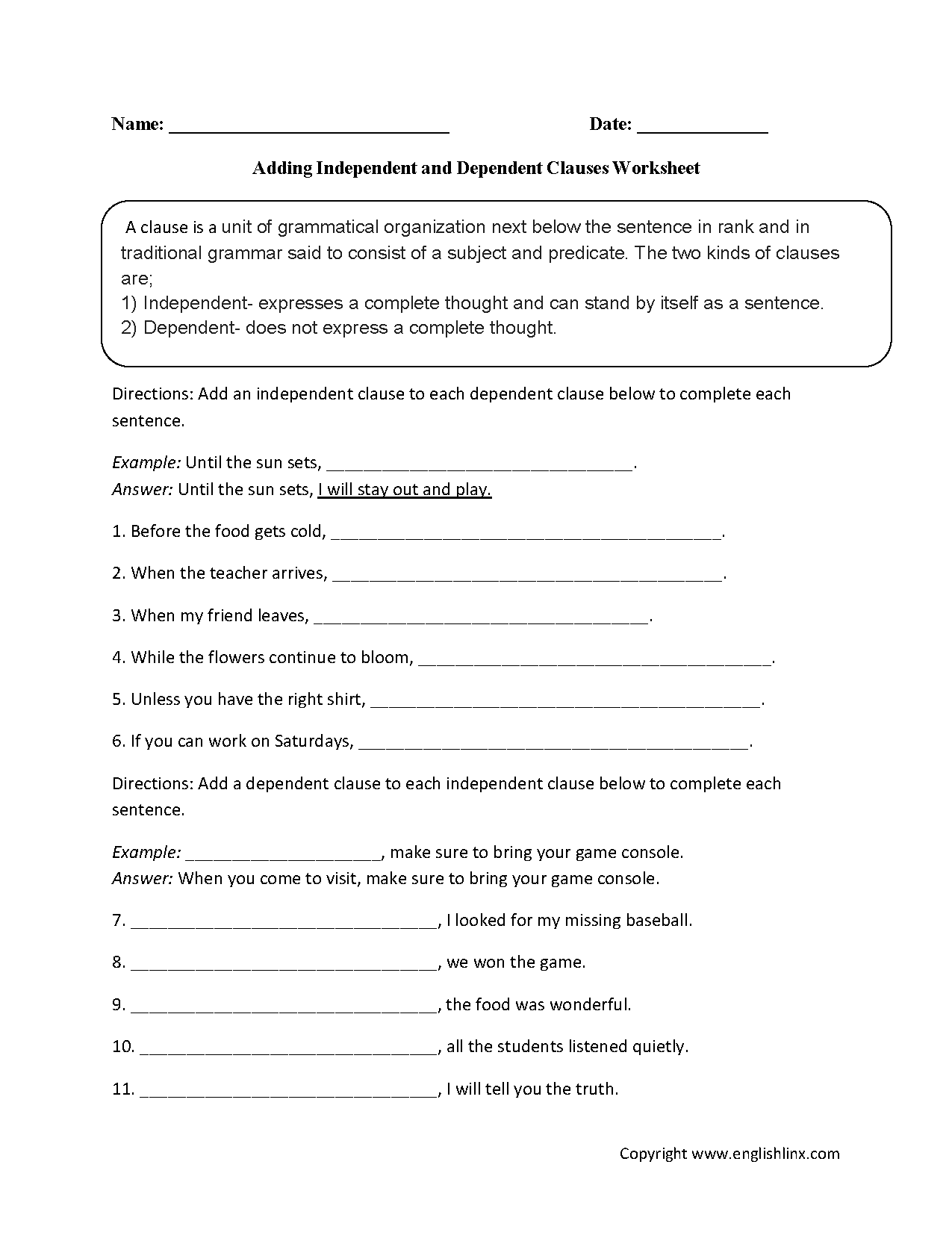 Clauses Worksheets | Adding Dependent and Independent Clauses ...