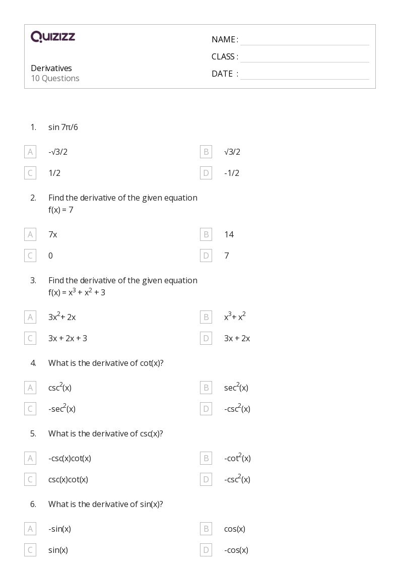 derivatives practice worksheet
