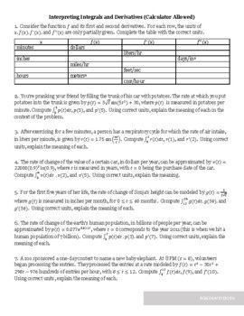 Interpreting Integrals and Derivatives in Context Worksheet ...