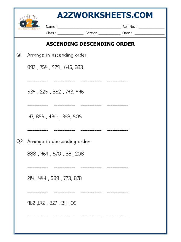 A2Zworksheets:Worksheet of Ascending Descending Class - 2-Numbers ...