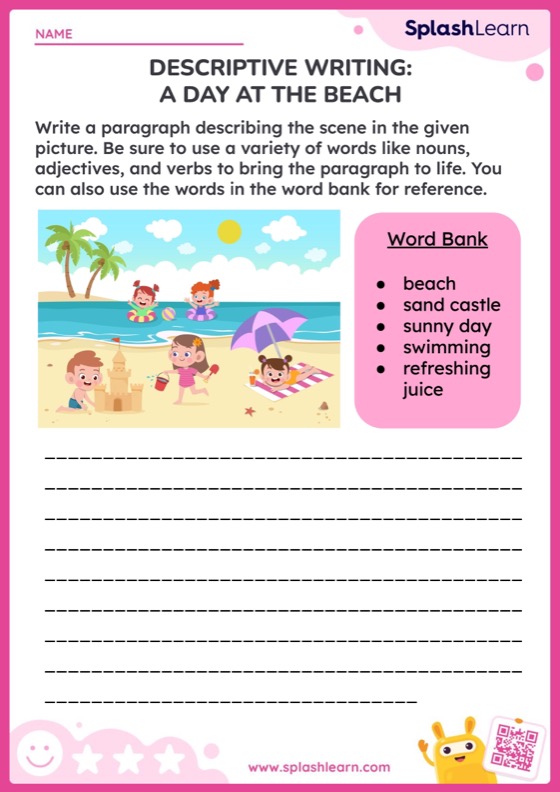 Descriptive Writing: A Day at the beach — Printable ELA Worksheet