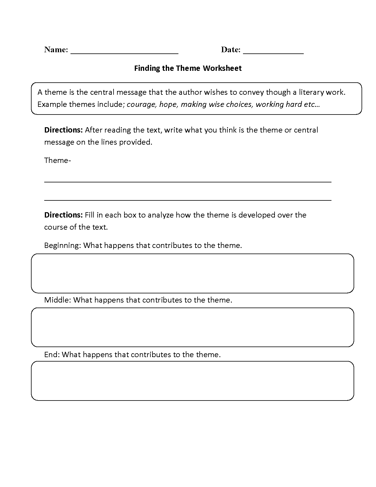 Theme Worksheets | Finding the Theme