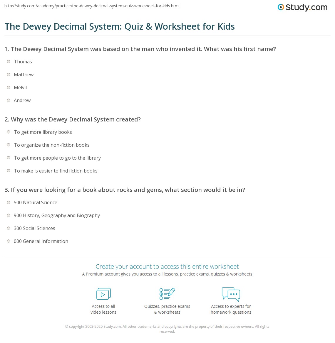 The Dewey Decimal System: Quiz &  Worksheet for Kids | Study.com