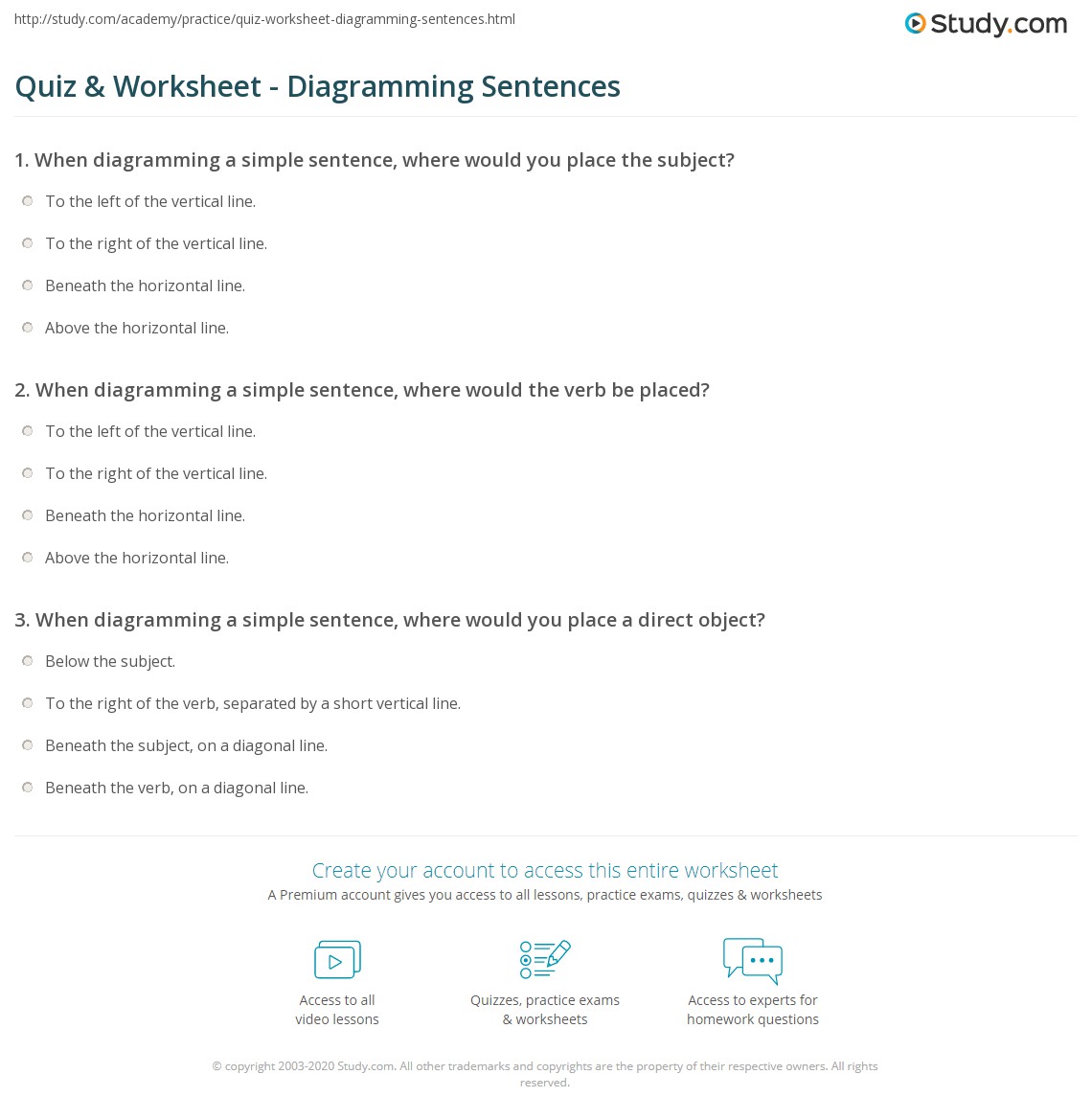 Quiz &  Worksheet - Diagramming Sentences | Study.com