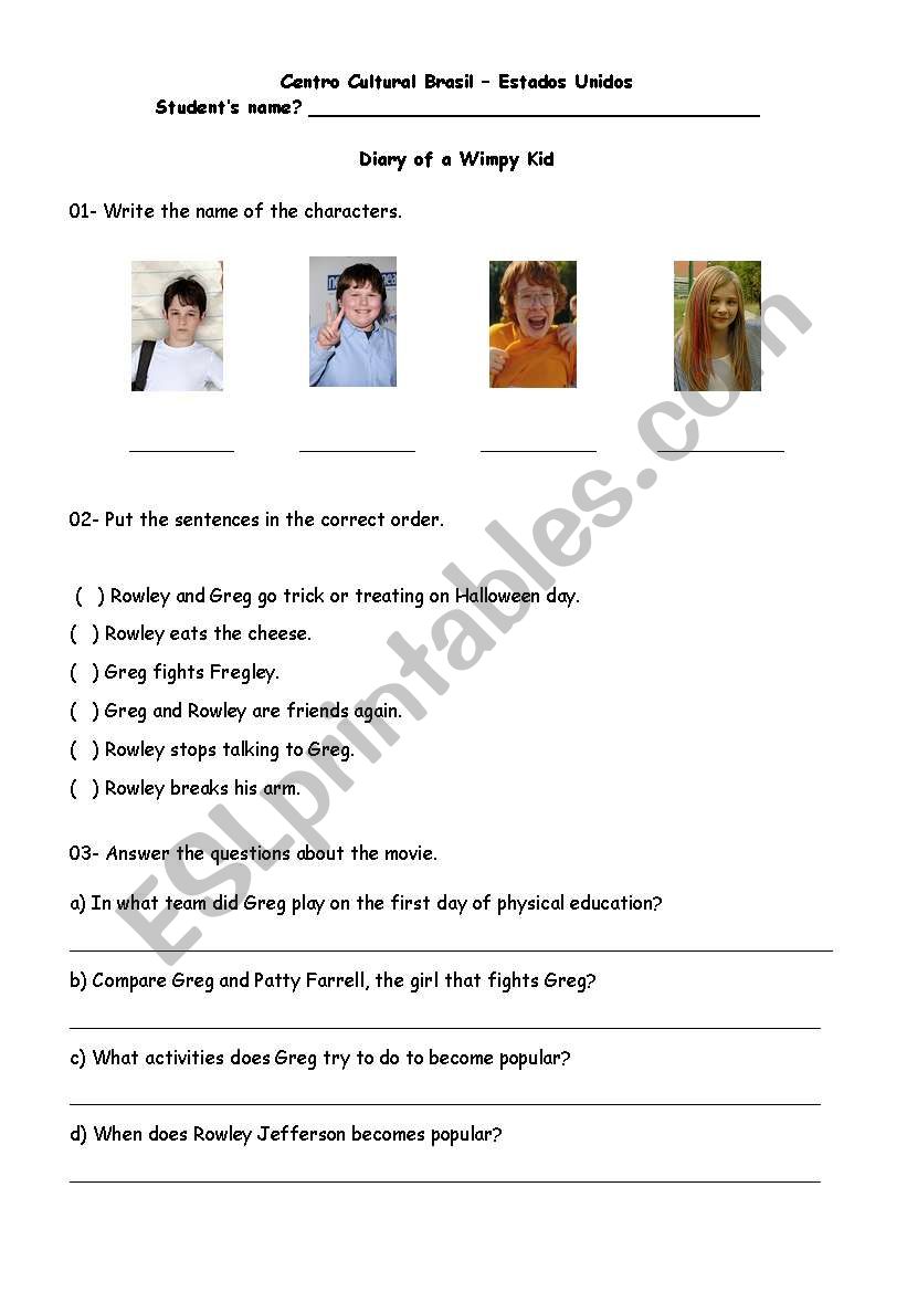 diary of a wimpy kid worksheet