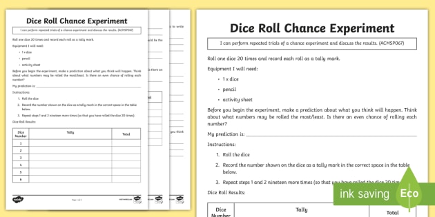 Dice Roller Chance Experiment Worksheet | Year 3 Maths