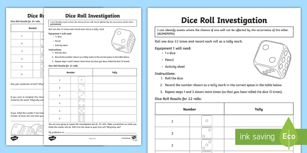 Dice Roll Investigation Activity - Maths Worksheet