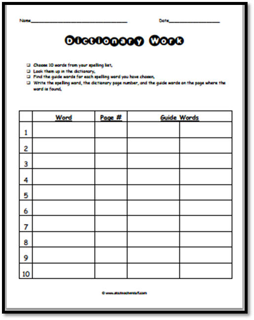 dictionary skills practice worksheet