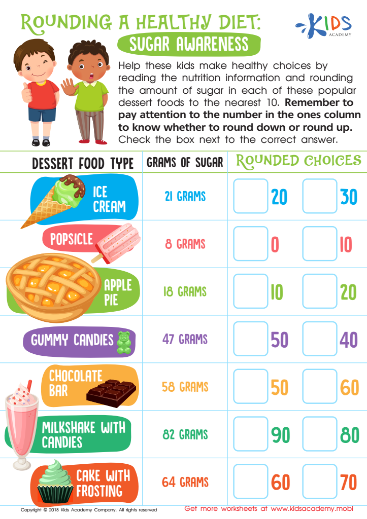 Rounding Healthy Diet Worksheet: Free Printable PDF for Kids