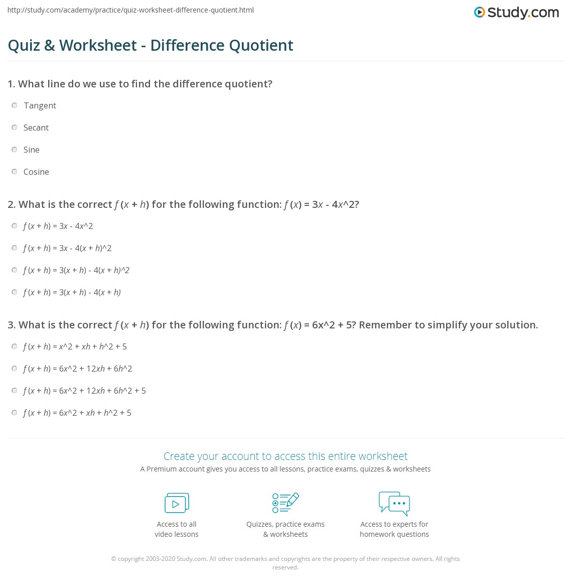 Quiz &  Worksheet - Difference Quotient | Study.com