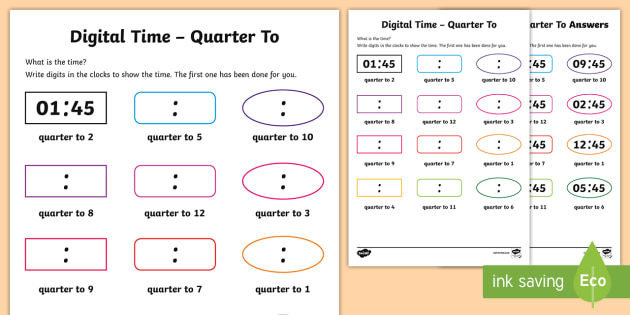 Digital Time Quarter To Worksheet / Worksheet (teacher made)
