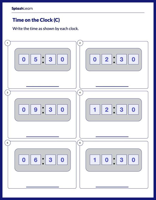 Half Hour on Digital Clock - Math Worksheets - SplashLearn