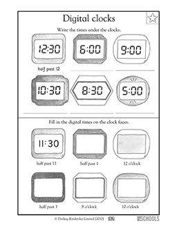 Reading digital clocks | 1st grade Math Worksheet | GreatSchools