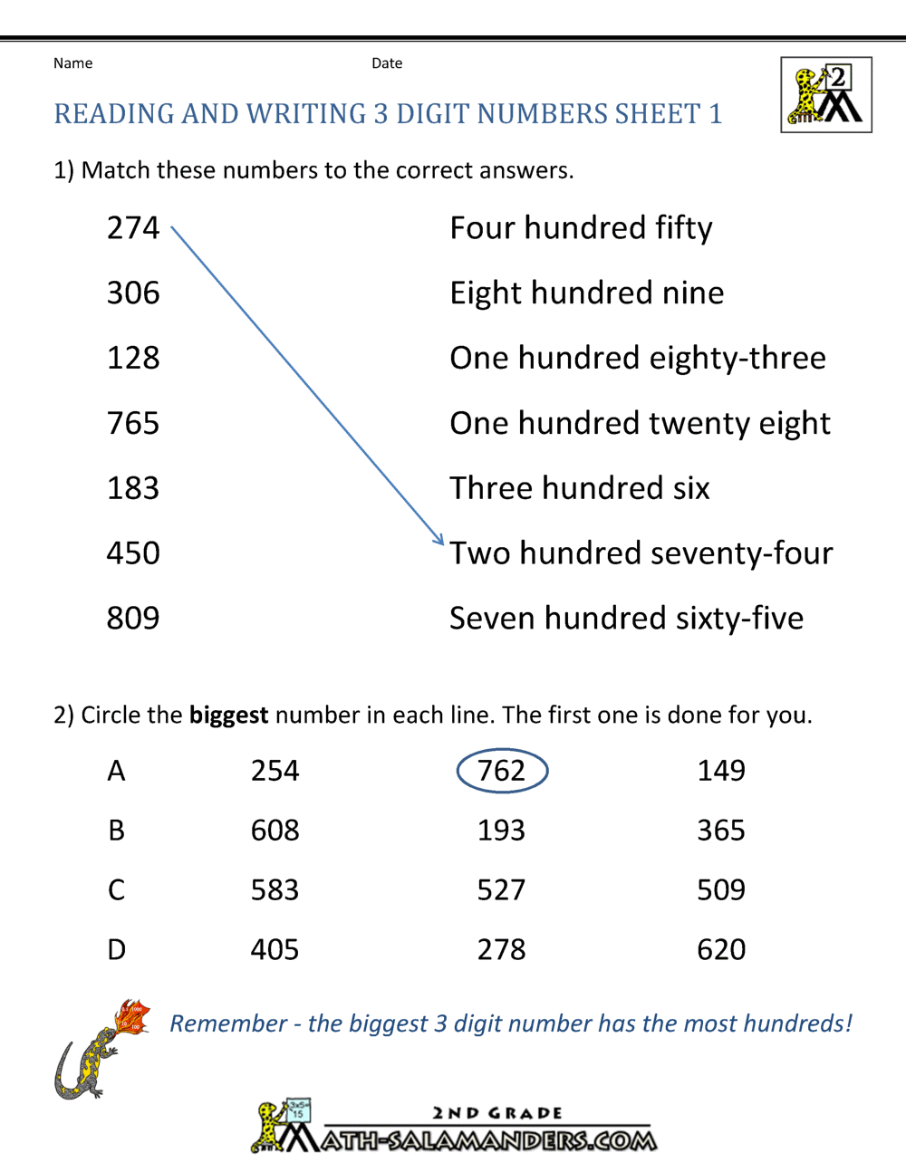 Free Place Value Worksheets - Reading and Writing 3 digit numbers