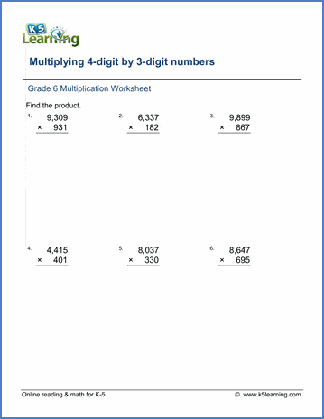 Grade 6 Math Worksheets: Multiplication in columns 4 by 3-digits ...