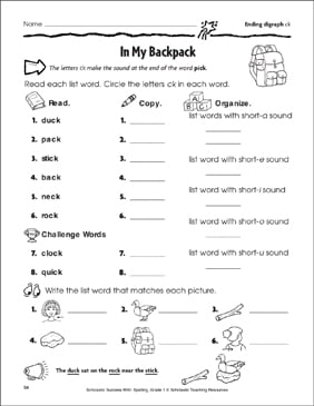 In My Backpack - Ending Digraph ck | Printable Skills Sheets