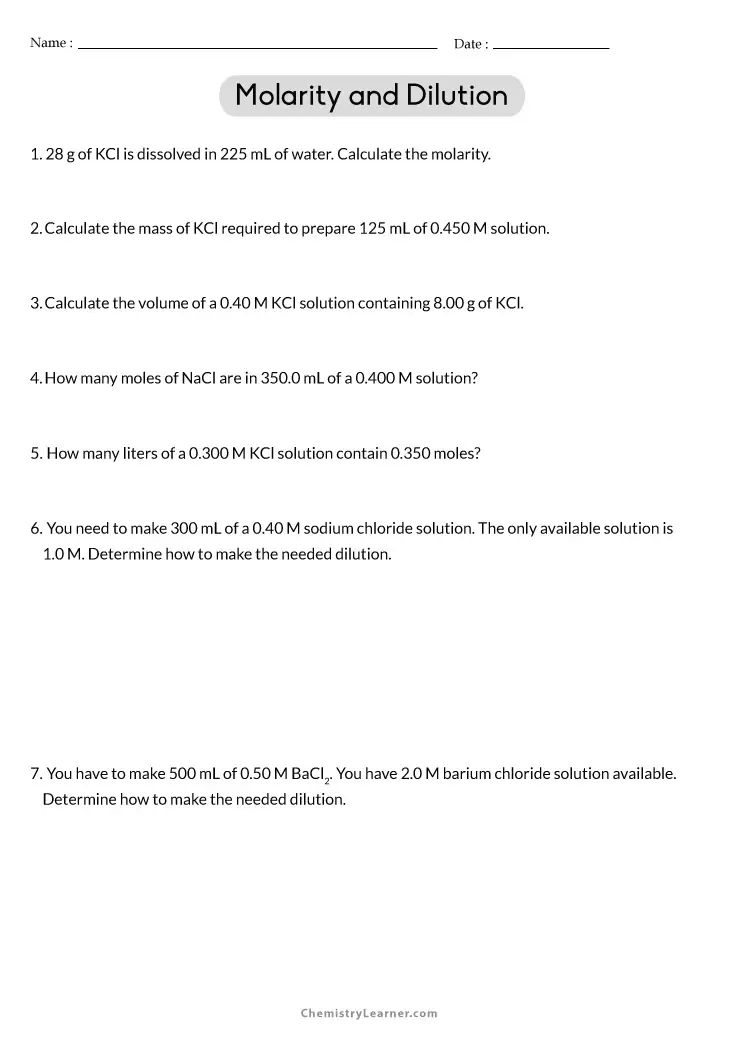 Free Printable Molarity and Dilution Worksheets